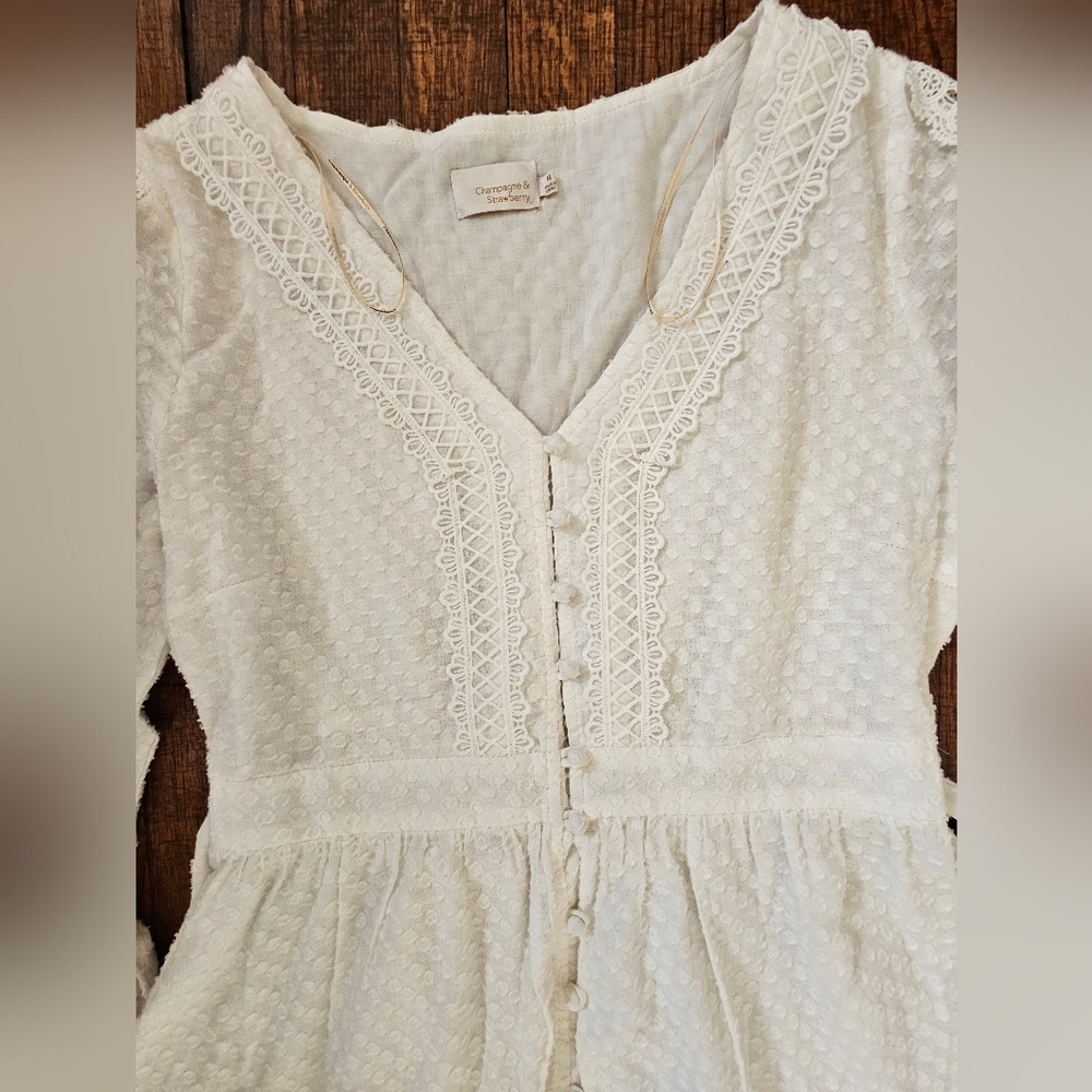 Champagne And Strawberries Bohemian Chic Cottagecore White Lace Maxi Dress Sz M - Picture 3 of 14
